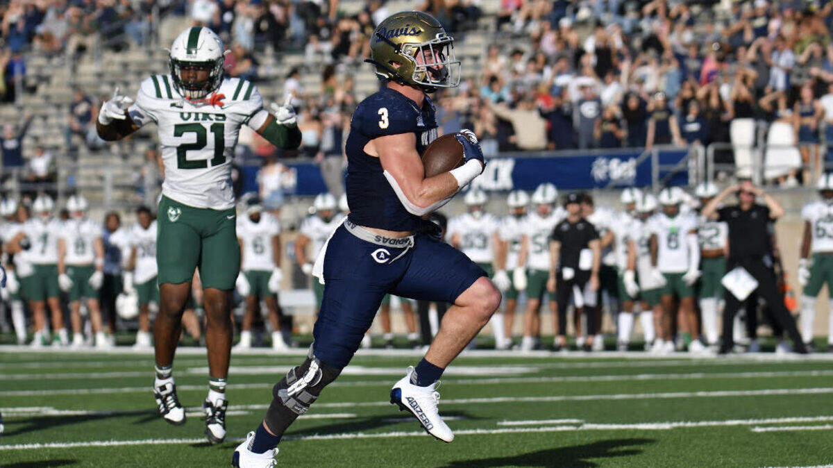 UC Davis running back Lan Larison rushed for three touchdowns to lead the Aggies to a 37-23 win over the Portland State Vikings on Saturday, Nov. 4, 2023, at UC Davis’ Jim Sochor Field.