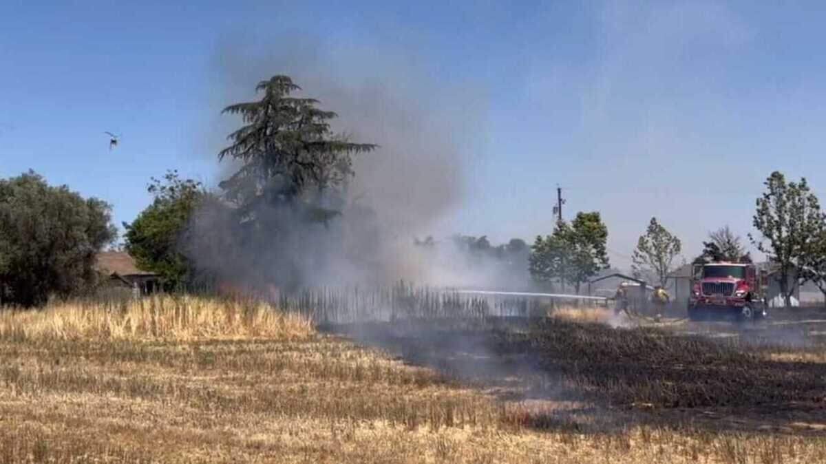 Fire crews work against a grass fire that sparked along Tokay Lane in eastern Sacramento County on Friday, June 23, 2023.