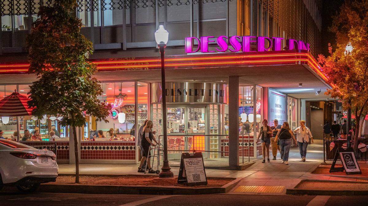 Customers walk by Rick’s Dessert Diner, a fixture of midtown nightlife since 1986, on J Street in September 2024. The restaurant features a 1950s diner vibe.