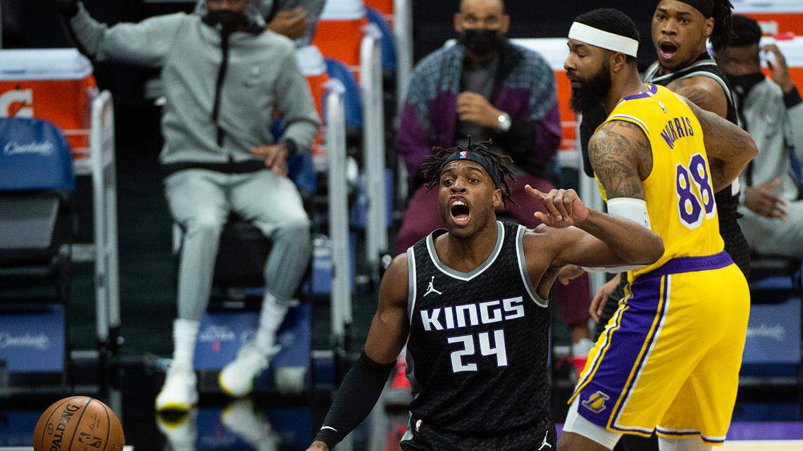 Sacramento Kings guard Buddy Hield (24) reacts to out of bounds ball in the first quarter during a game at Golden 1 Center on Friday, April 2, 2021 in Sacramento.