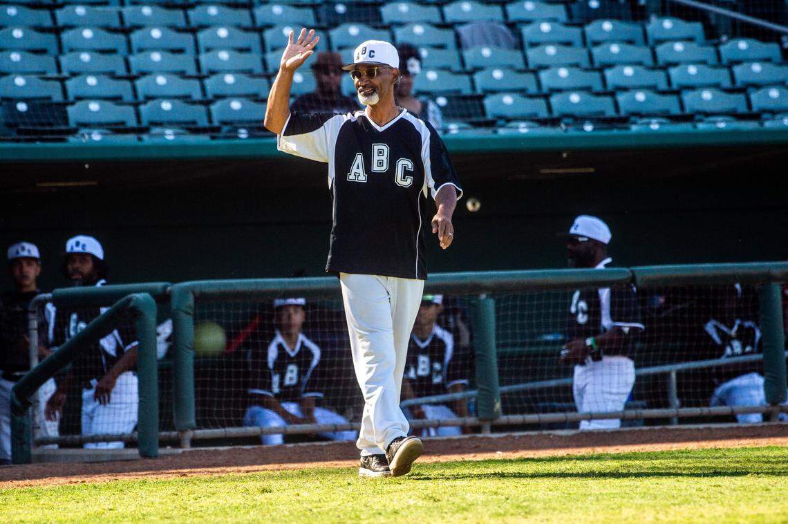Former major league baseball player and manager Jerry Manuel is introduced as the coach of the Atlanta Black Crackers at Sutter Health Park in West Sacramento on Sunday, May 24, 2021, during an honorary baseball game to celebrate the 100th anniversary of the Negro League.