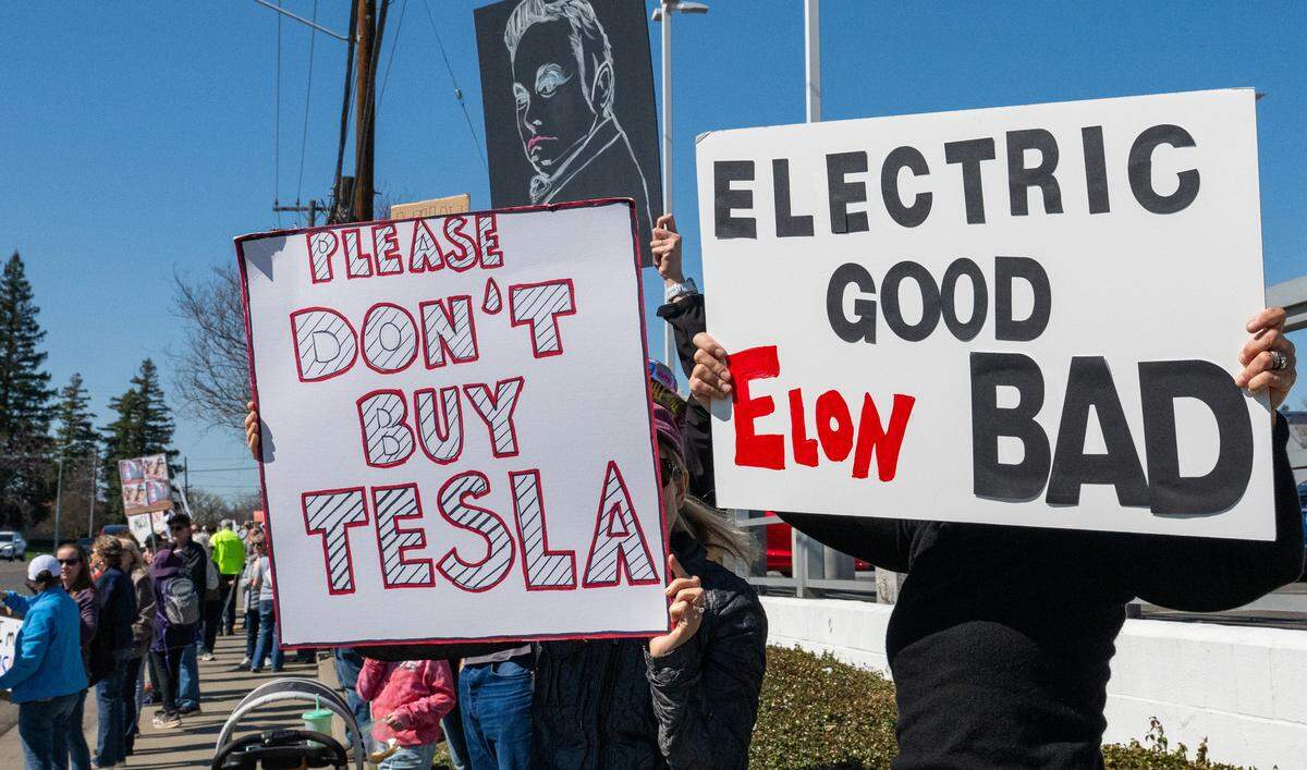 Demonstrators rally against Elon Musk at a Tesla dealership on Arden Way near Sacramento on Saturday, March 8, 2025. More than 100 people lined both sides of street to protest the role of the tech billionaire and Tesla CEO in the Trump administration.