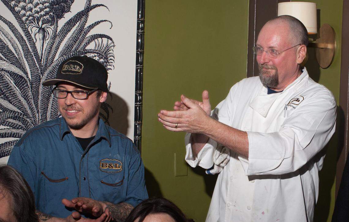 Devin Goodearle, left, was part of Patrick Mulvaney’s staff in 2014 when the chef prepared a dinner at the James Beard House in New York City. Goodearle, who had moved on to Bidwell Street Bistro in Folsom, committed suicide in January.