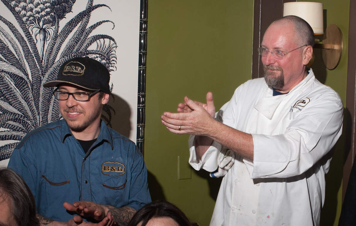 Devin Goodearle, left, was part of Patrick Mulvaney’s staff in 2014 when the chef prepared a dinner at the James Beard House in New York City. Goodearle, who had moved on to Bidwell Street Bistro in Folsom, committed suicide in January.
