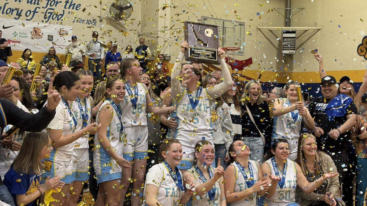 The Faith Christian Lions celebrate their first Northern California title after defeating Cornerstone Christian in Yuba City on Tuesday.