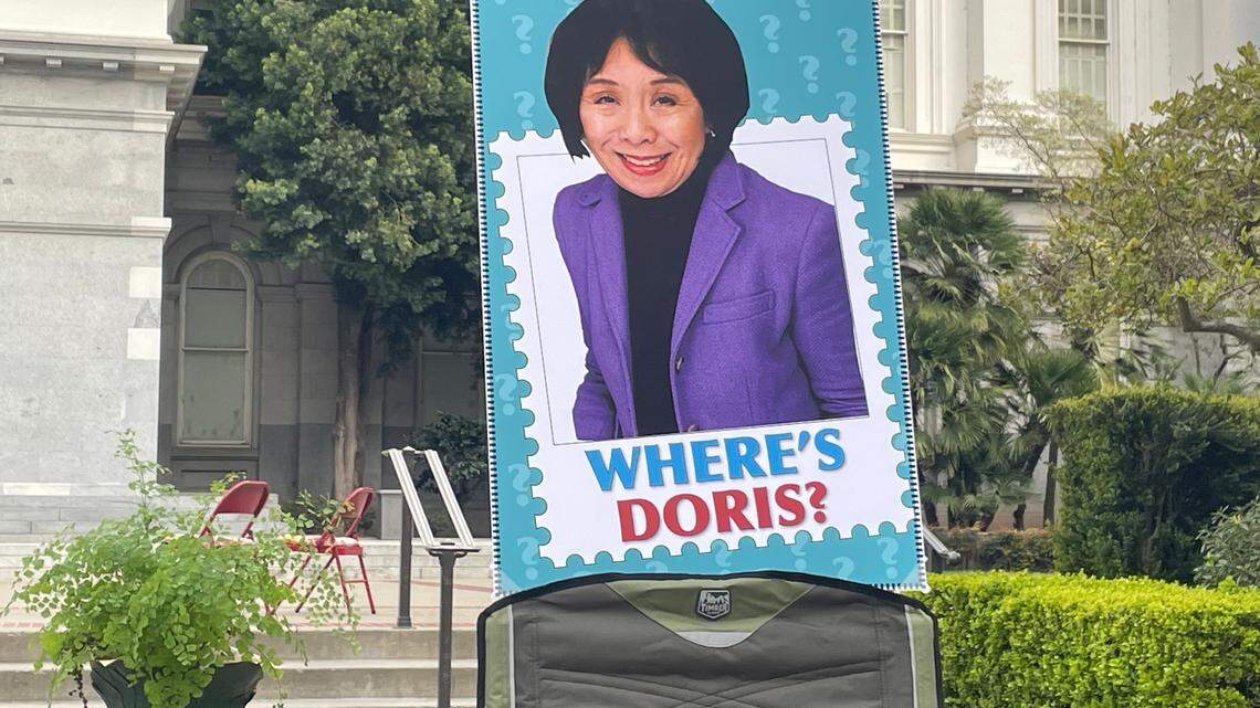 A sign showing Congresswoman Doris Matsui, D-Sacramento, with the question “Where’s Doris?” is attached to a chair on the steps of the state Capitol. 