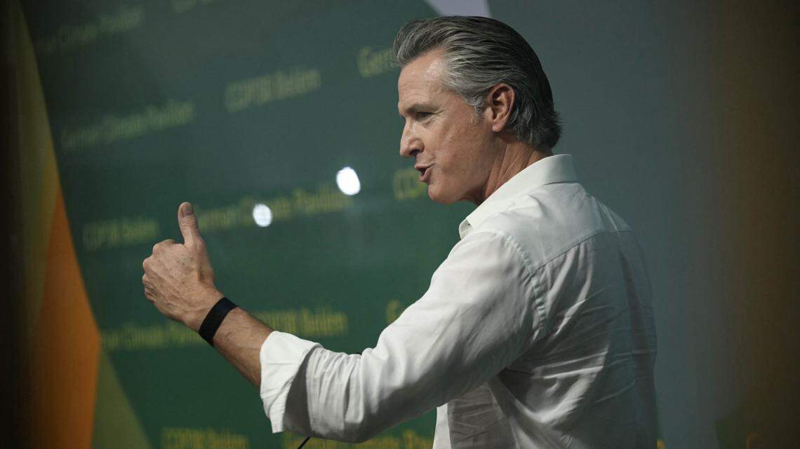California Gov. Gavin Newsom delivers a speech at Germany's pavilion during the COP30 UN Climate Change Conference, in Belem, Brazil, on Nov. 11, 2025. Newsom has opposed efforts to increase taxes on California’s ultra-wealthy. 