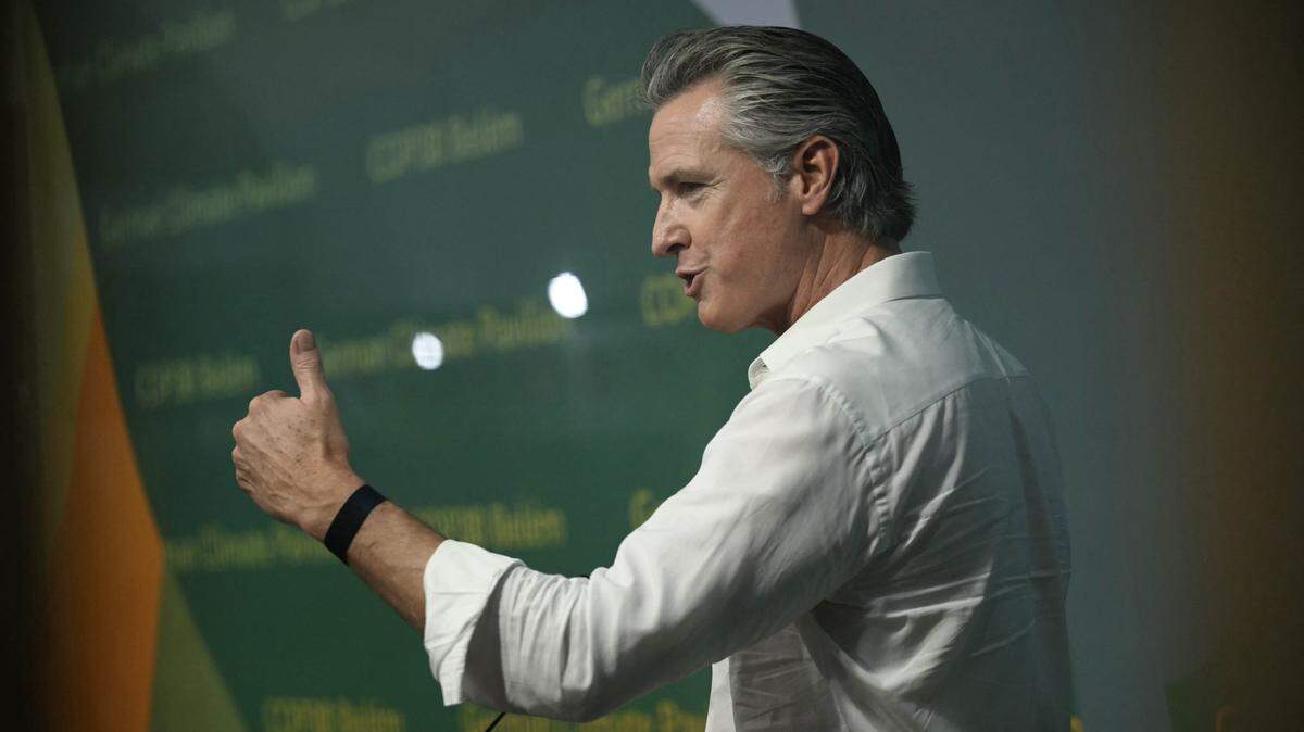 Clifornia Gov. Gavin Newsom delivers a speech at Germany's pavilion during the COP30 UN Climate Change Conference, in Belem, Brazil, on Nov. 11, 2025. President Donald Trump's administration may have steered clear of this year's UN climate summit in the Brazilian Amazon, but the governors of California and New Mexico dominated the conference's second day. 