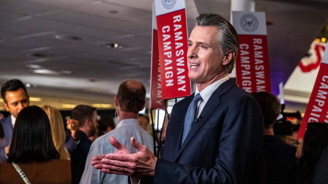 Gov. Gavin Newsom is interviewed by NBC from the spin room after the Republican presidential debate at the Ronald Reagan Presidential Library in Simi Valley on Wednesday, Sept. 27, 2023.