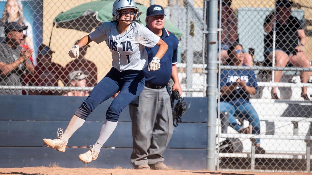 Vista Del Lago’s Charlize Cai celebrates crossing home plate on a double by Annabella Hess in the bottom of the third inning against Benicia on Tuesday, May 31, 2022, at Vista Del Lago High School in Folsom during the first round of the high school softball Division II CIF NorCal Softball Championships.