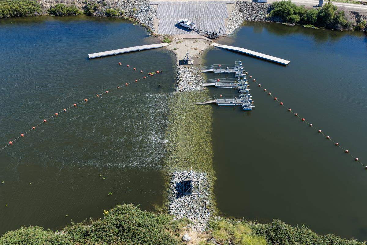 A drone view of the California Department of Water Resources’ South Delta Temporary Barriers Project that helps maintain water levels in the south Delta. Temporary rock barriers have been installed at Old River near Tracy, Middle River, and Grant Line Canal, and aim to provide sufficient water amid pumping plant exports for agricultural activities.