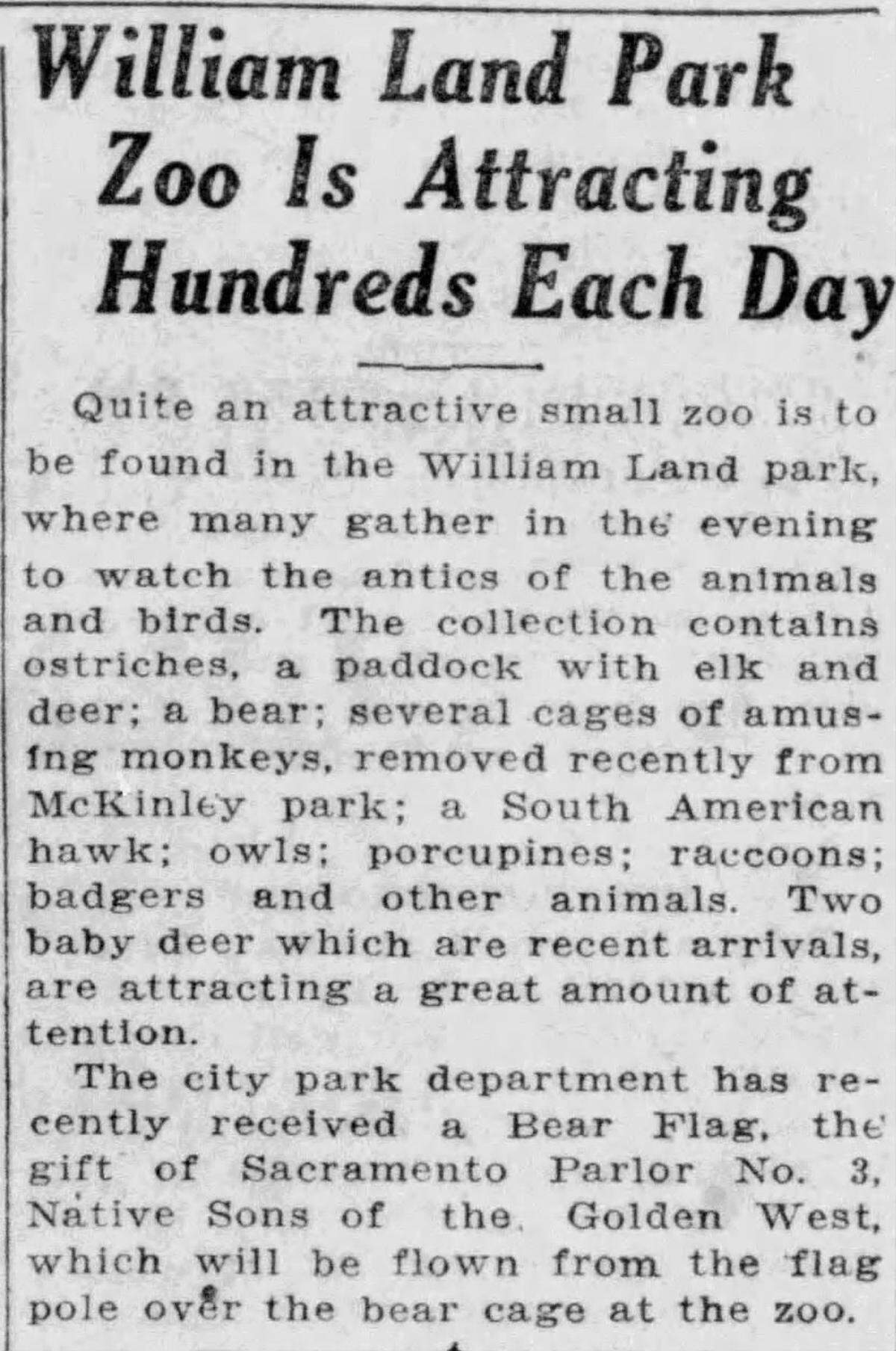 A story in the Aug. 9, 1925, edition of The Sacramento Union, highlights Land Park Zoo as an evening attraction.