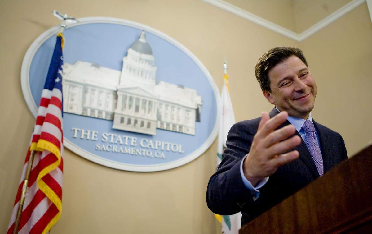 Then-Assembly Speaker Fabian Nunez holds his final press news conference at the state Capitol on May 6, 2008.  “So I like good wine, OK,” he told reporters, referring to the fact he had spent tens of thousands of dollars in campaign funds in  at upscale retail firms and on overseas trips. 