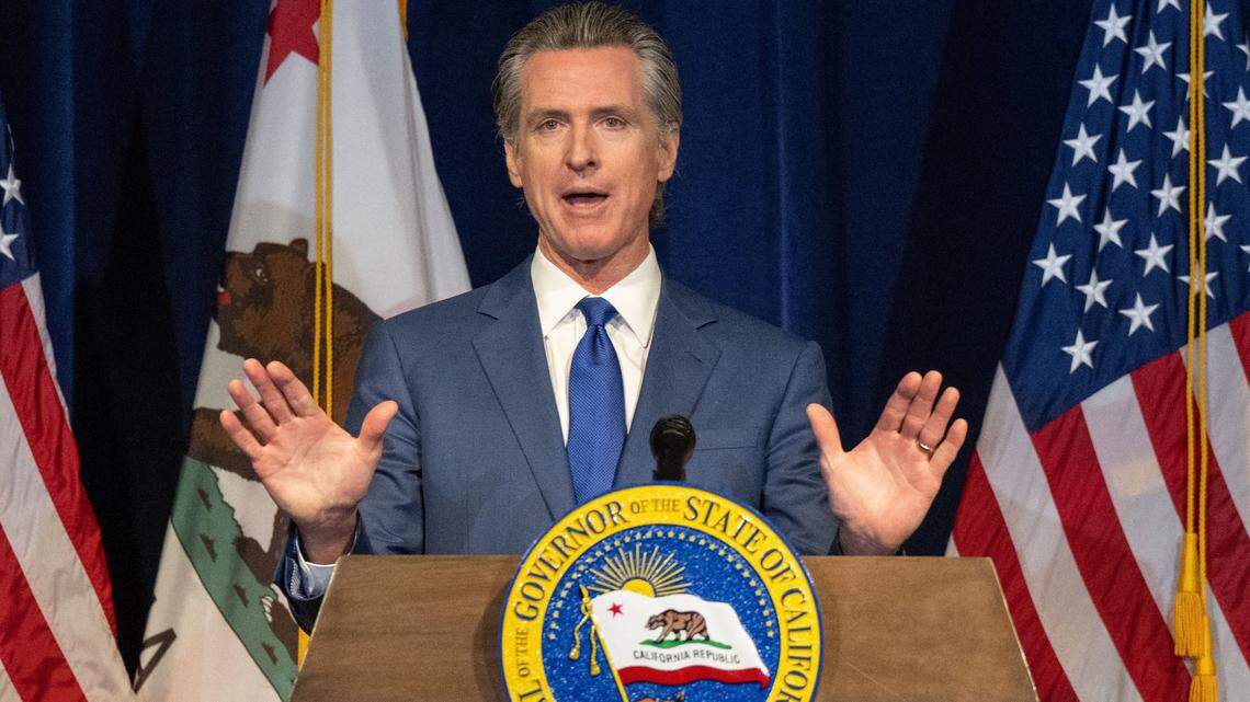 Gov. Gavin Newsom announces the May budget revision in Sacramento on Friday, May 12, 2023.