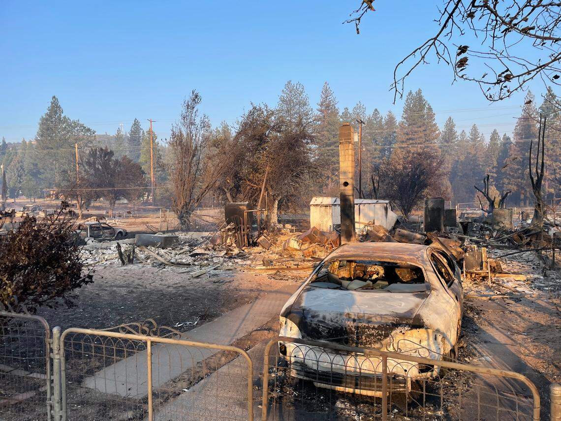 The Lincoln Heights neighborhood of Weed was largely in ruins Saturday, Sept. 3, 2022, after the Mill Fire burned through the area the day before.