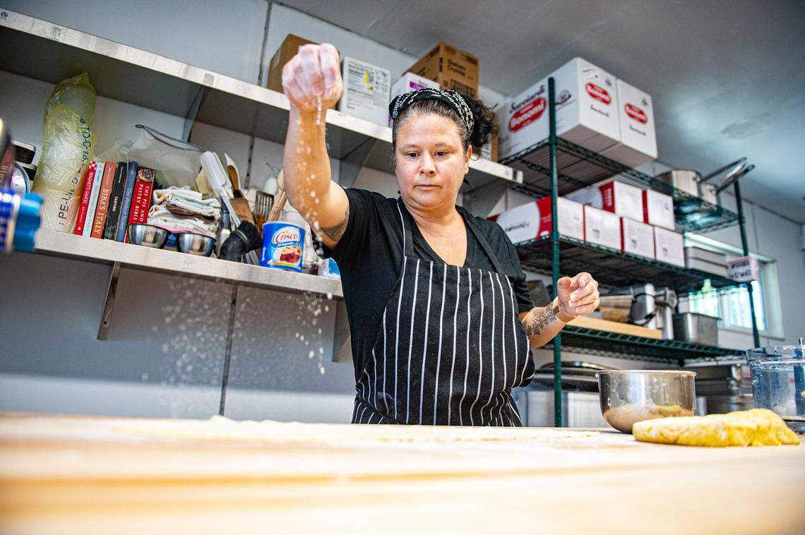 Penny Sheridan, Biba’s former pasta and pastry chef, flours a test batch of noodles as Mattone Ristorante prepares to open Friday, May 7, 2021, in East Sacramento.