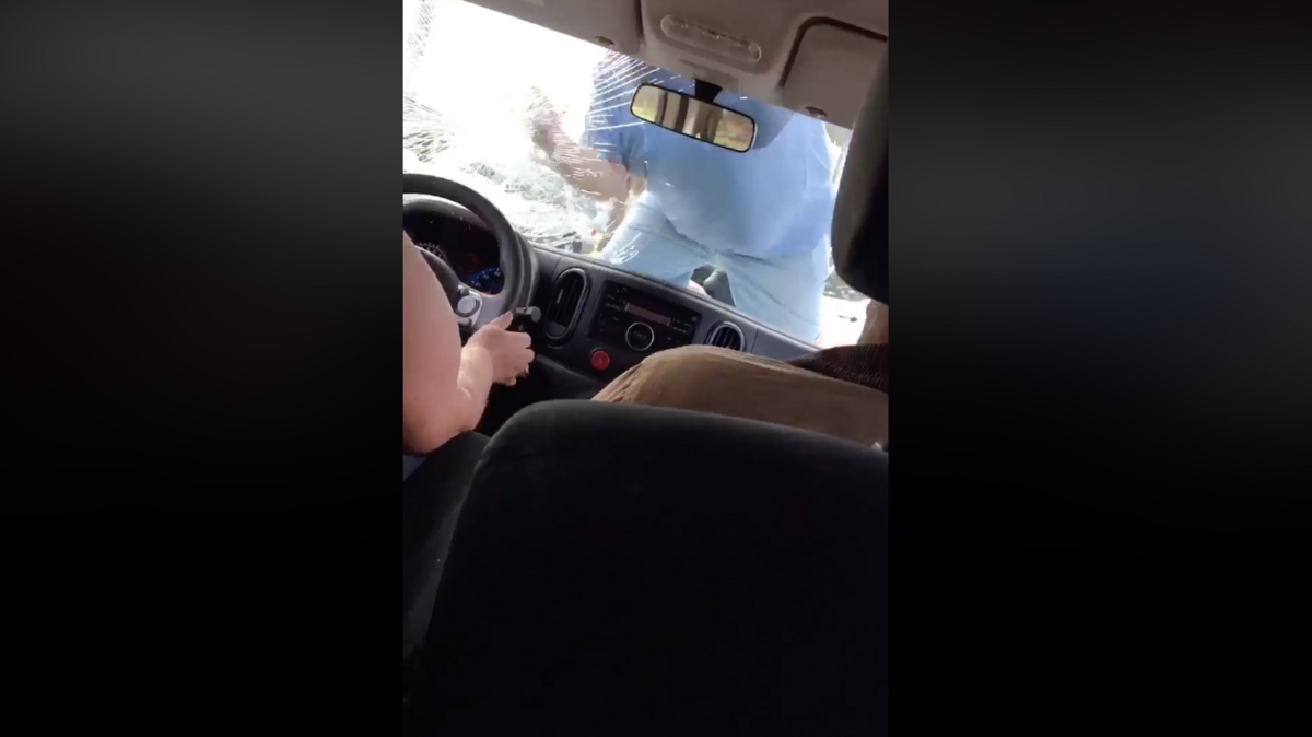 Veneranda Valencia shared a video of an unidentified man jumping on her car in Anaheim, California, and then shattering the car’s windshield with his bare hands. Cellphone video recorded the attack on camera.
