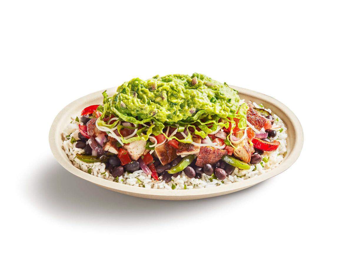 A chicken bowl with guacamole at Chipotle Mexican Grill.