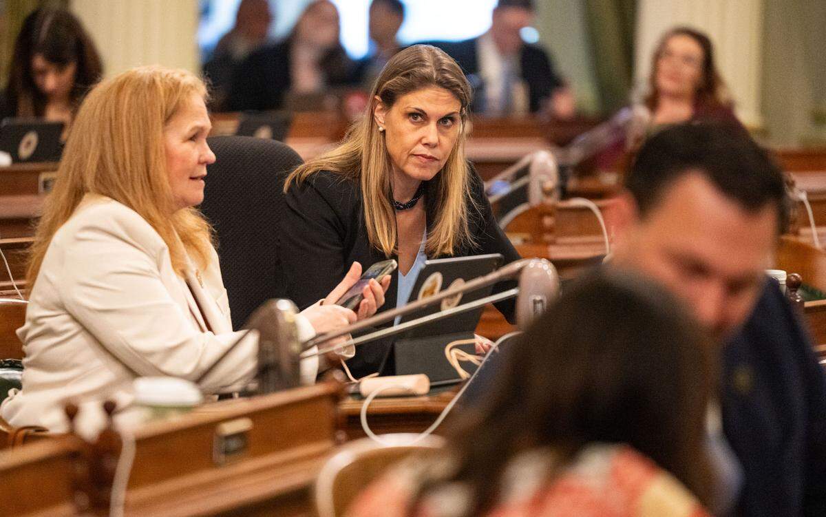 Assemblymember Maggy Krell, D-Sacramento, center, reflects during a session at the Capitol on Thursday.