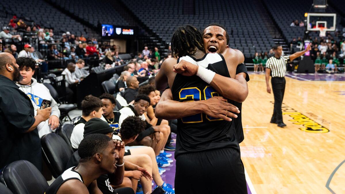 Grant’s Johnathan Schooley-Tyson, right, shares an emotional win with teammate Davell Brown during the final seconds of their 61-46 victory over St. Mary’s for the high school boys basketball Sac-Joaquin Section Division II title Thursday, Feb. 27, 2020, at Golden 1 Center in Sacramento.