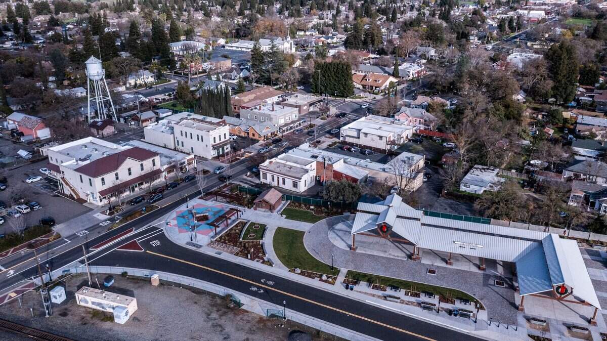 The pavilion and plaza that opened over the summer stands in the Old Town district of Elk Grove in December.