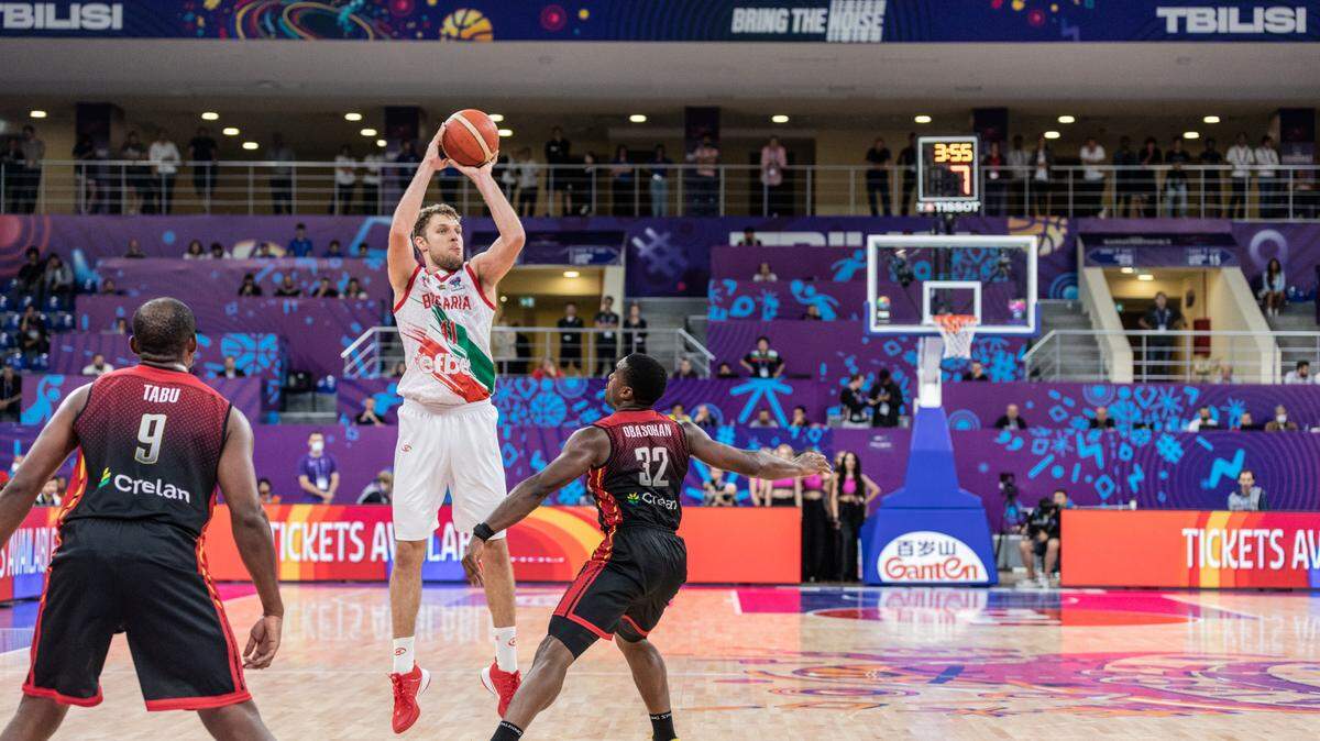 Sasha Vezenkov of Bulgaria shoots against Belgium during Day 7 Group A of the FIBA EuroBasket 2022 at Tbilisi Arena.