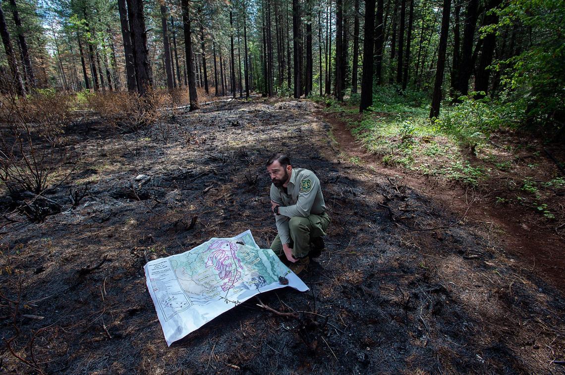 Brian Crawford of the U.S. Forest Service shows map of a 427-acre prescribed burn in the Foresthill area to help fire suppression on Friday, May 24, 2019 in the Tahoe National Forest.