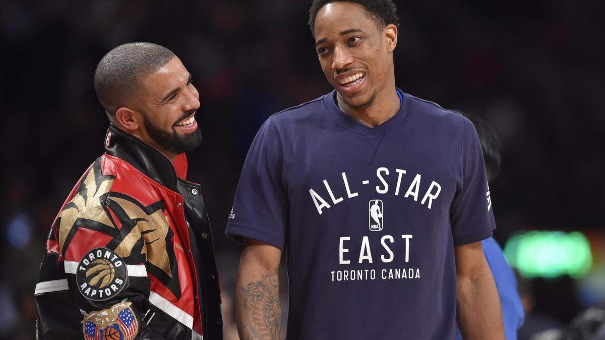 Current Kings Forward DeMar DeRozan (right) talks with Drake in the second half during the 2016 NBA All Star Game. Animosity between the two was high during a recent game against the Toronto Raptors. Credit: Bob Donnan-USA TODAY Sports