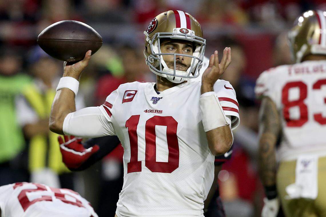 San Francisco 49ers quarterback Jimmy Garoppolo (10) throws against the Arizona Cardinals during the first half of an NFL football game, Thursday, Oct. 31, 2019, in Glendale, Ariz. (AP Photo/Ross D. Franklin)
