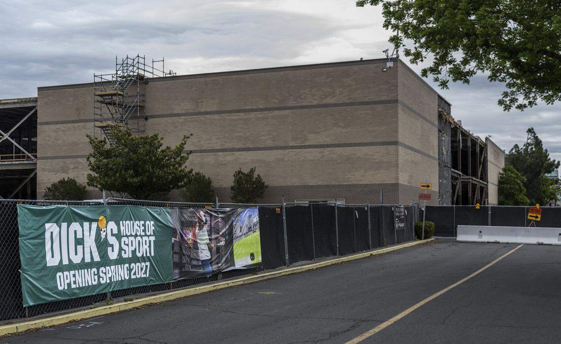 The building that housed the Sears store at Arden Fair Mall is being redeveloped on Wednesday, April 15, 2026, to make way for Dicks House of Sports. The store is scheduled to open in the spring of 2027 according to a banner at the mall.