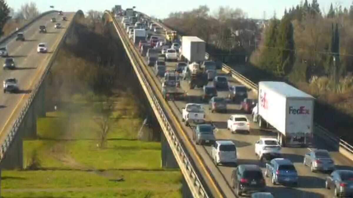 Traffic is seen backed up on a Caltrans traffic camera at westbound Interstate 80 going over the Sacramento River into West Sacramento on Thursday, Feb. 21, 2019. Caltrans issued a SigAlert after multiple crashes blocked traffic about mile behind this jam.