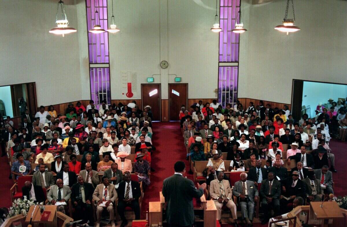 Reverend Jesse Jackson speaks to the congregation at Shiloh Baptist Church in Sacramento on Aug. 24, 1997.  Jackson urged the church members to join a march in San Francisco this Thursday to commemorate Dr. Martin Luther King Jr.'s march on Washington and to protest Proposition 209.