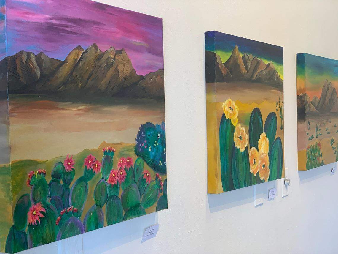 Art from Rhean Goodgame’s exhibit, Island Girl Art, at the Atrium 916 at 1020 Front St. in Old Sacramento. Goodgame’s reuses old canvases and other eco-friendly materials.