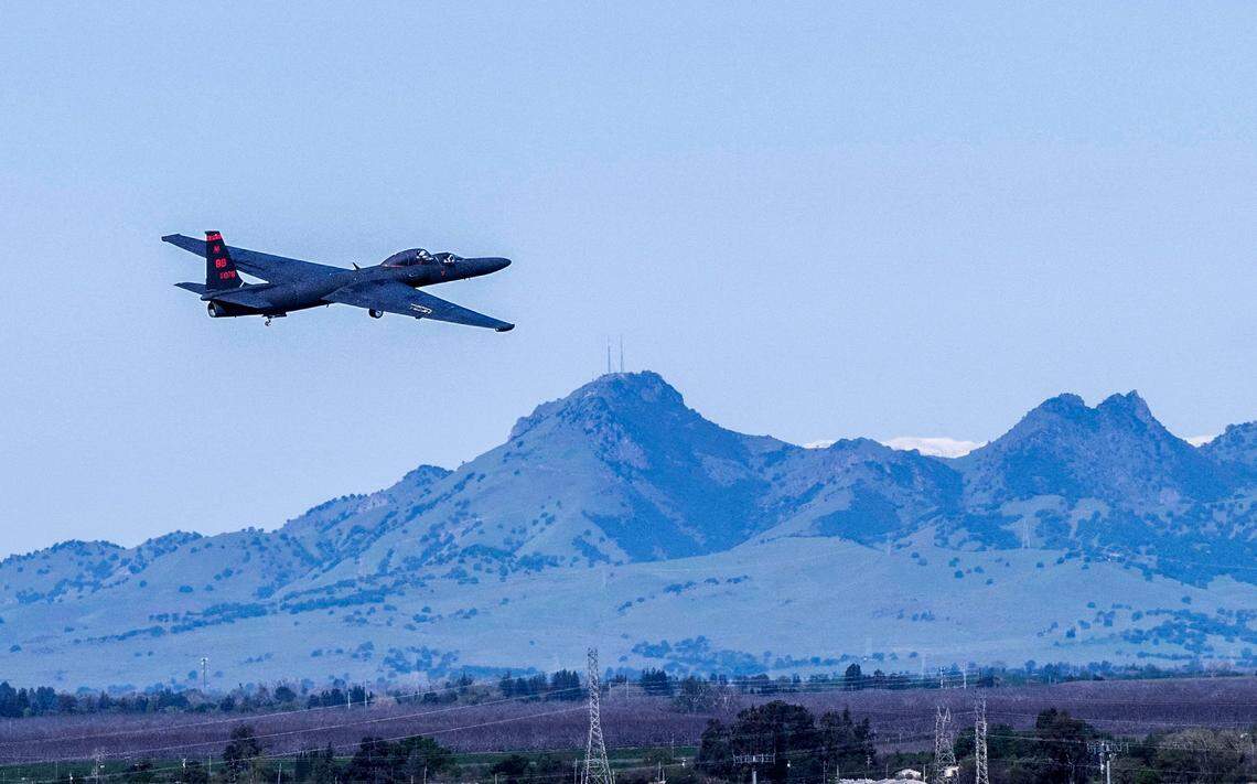 The dual cockpit U-2S Dragon Lady training aircraft flies above the Sutter Buttes after taking off from Beale Air Force Base on Wednesday.