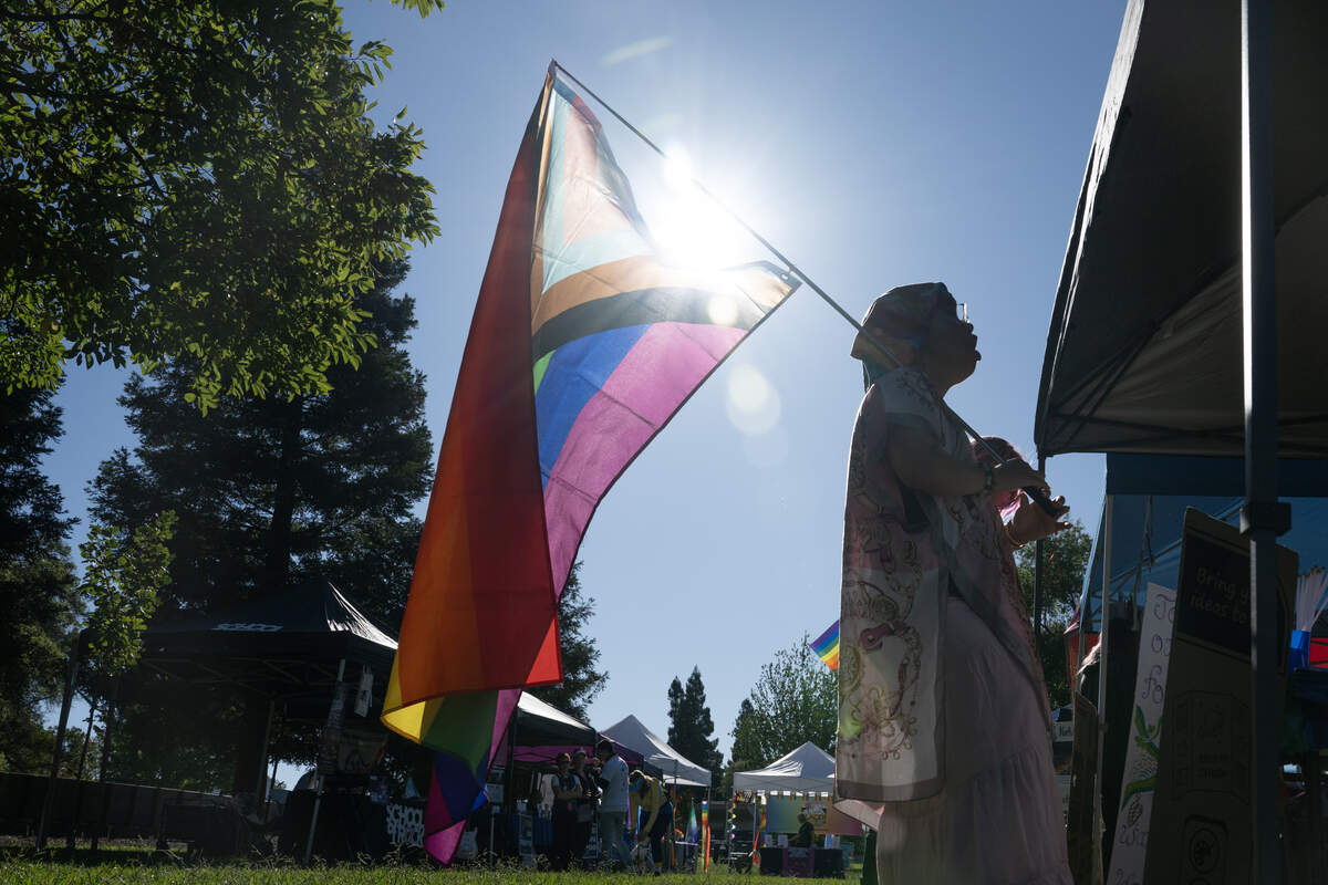 Daniel Nguyen holds a flag outside a booth at the inaugural Folsom Family Pride Celebration at Folsom City Lions Park on Saturday.