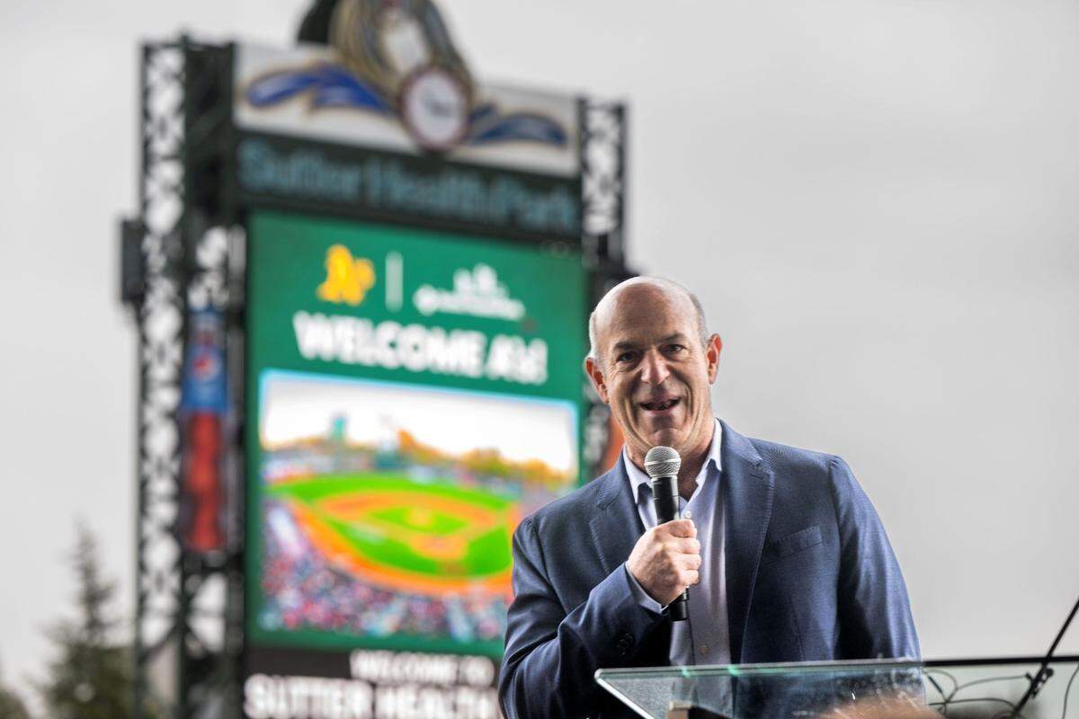 Oakland Athletics owner John Fisher announces on Thursday, April 4, 2024, that the A’s will temporarily relocate to West Sacramento in 2025 and play at Sutter Health Park for at least three seasons before the team moves to Las Vegas.