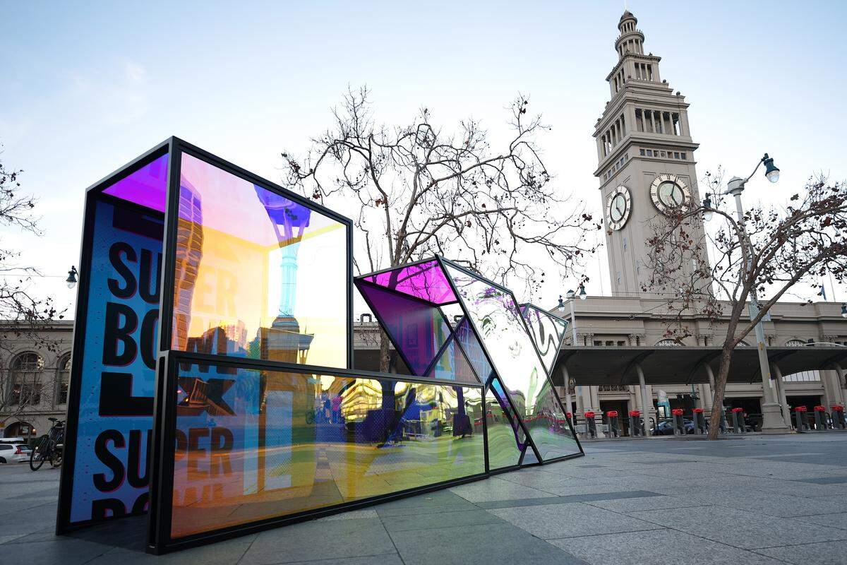 SAN FRANCISCO, CALIFORNIA - FEBRUARY 03: Signage for Super Bowl LX is seen by Harry Bridges Plaza on February 03, 2026 in San Francisco, California. (Photo by Chris Graythen/Getty Images)