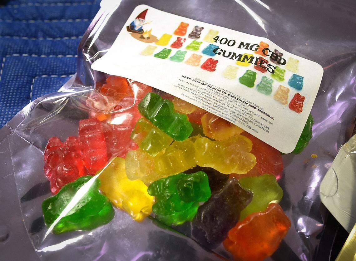 A package of THC-laced gummy bears — 400mg level per candy — part of a 150-pound seizure of edibles from a Fresno marijuana dispensary, with the fear of such candies falling into the hands of children, during a press conference at police headquarters in 2018.