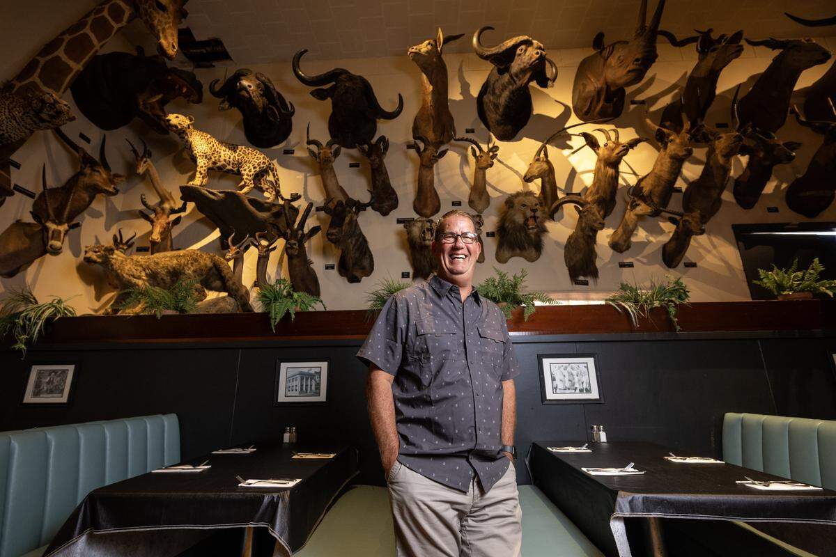 Chris Wakeman, who bought Foster’s Bighorn three years ago and is now selling the restaurant's iconic collection of exotic animals, poses for a portrait at the restaurant in Rio Vista on Monday, Sept. 22, 2025. The original owner, Bill Foster, was a big game hunter and his Foster’s Bighorn Collection is a legendary assemblage of 300 rare hunting and Western artifacts.