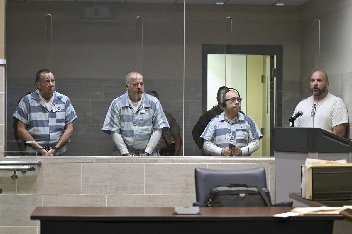From left, defendants Craig Allen Cutright, Douglas Tollefsen, Jack Ying Lee and Sam Machado appear in Yolo Superior Court in Woodland on Thursday, April 16, 2026, for their arraignment. Tollefsen, operations manager of Devastating Pyrotechnics; Lee, show producer; Cutright; and Machado, a former Yolo County sheriff’s deputy; face charges in connection with the Esparto fireworks explosion.