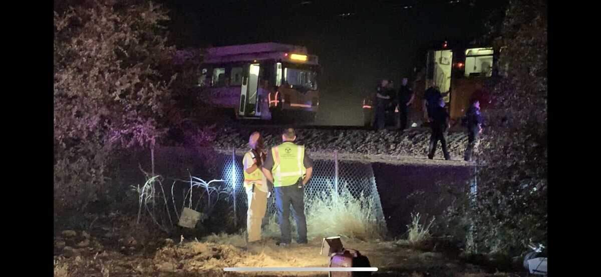 A Sacramento Regional Transit light-rail car is seen stopped in Sacramento, Calif., on Thursday, August 22, 2019. A Sacramento Regional Transit light-rail train collided with a maintenance train in the north area of the city, injuring 27 people on board.