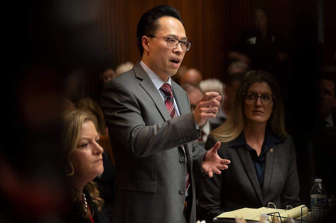 Deputy District Attorney Thien Ho speaks to the judge during a court hearing for Joseph James DeAngelo, the East Area Rapist/Golden State Killer, in Sacramento Superior Court on Thursday, March 12, 2020.
