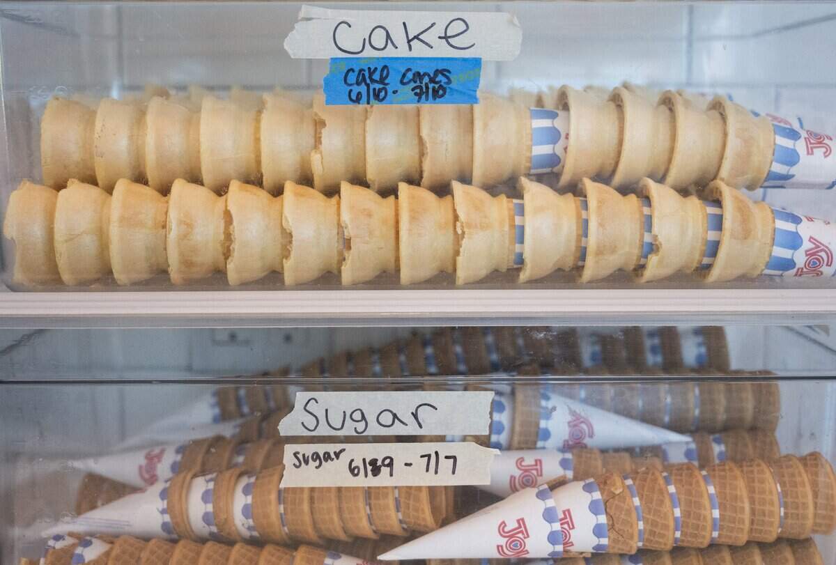 Ice cream cones sit on a counter inside of Licked, an ice cream shop located in Sacramento’s Oak Park neighborhood, on Thursday, June 11, 2026.