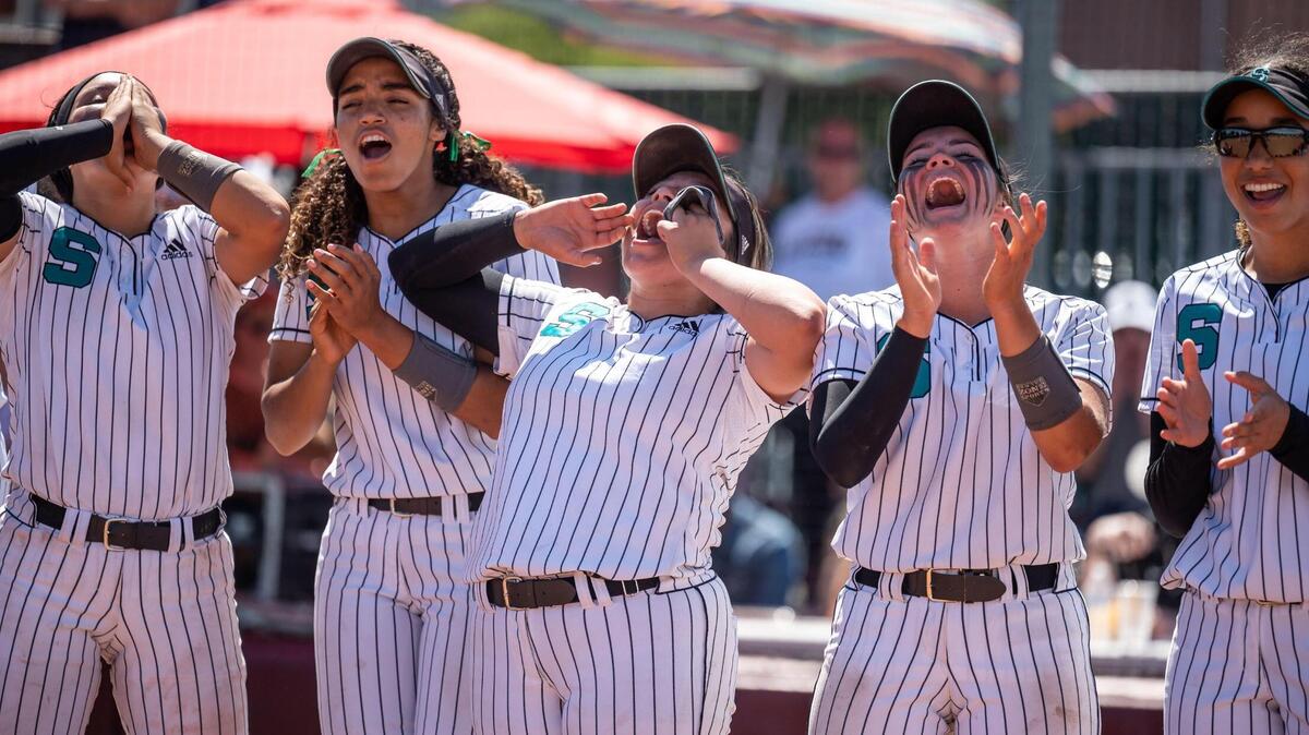Sheldon players, from left, catcher Jaylee Marshall, Imani Black, pitcher Breanna Romero, Beija Allen and Sakora Harvell celebrate teammates while collecting their patches and hats after their 7-1 Sac-Joaquin Section Division I high school softball championship win over Lincoln of Stockton on Saturday at Sacramento City College.