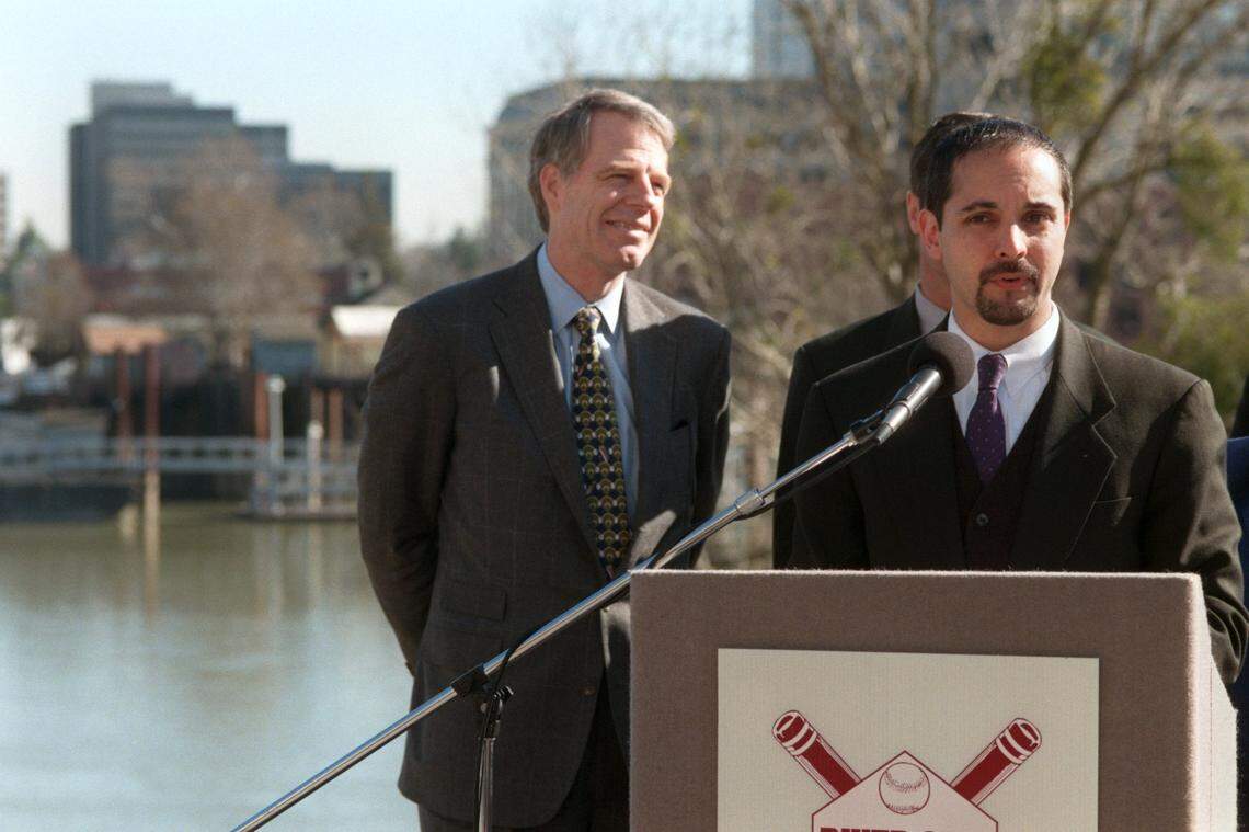 West Sacramento Mayor Christopher Cabaldon, right, announces the partnership of Sacramento County, Yolo County and the city of West Sacramento on Feb. 2, 1999, to facilitate construction of a 10,000-seat Triple-A stadium on the riverfront in West Sacramento. At left is Sacramento County supervisor Roger Dickinson.