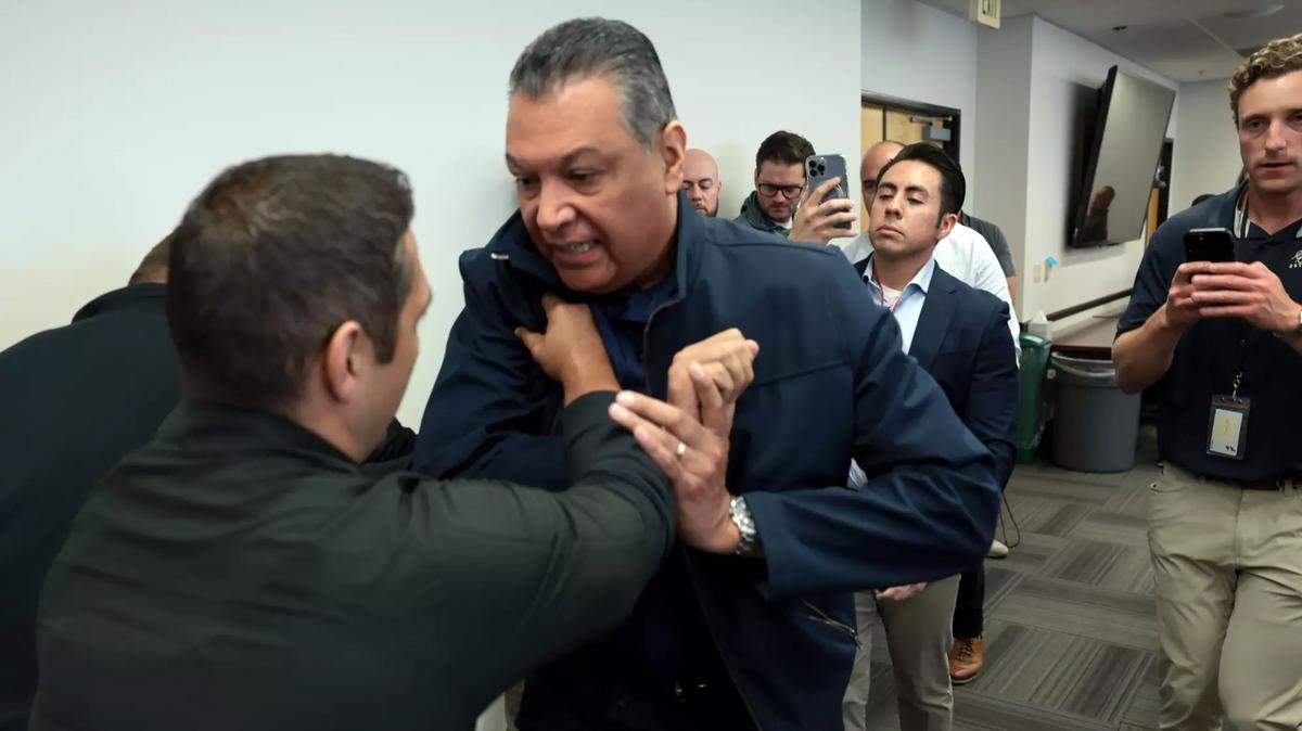 California Sen. Alex Padilla was forcibly removed from a news conference led by U.S. Department of Homeland Security Secretary Kristi Noem on Thursday, June 12, 2025, in Los Angles. (Luke Johnson/Los Angeles Times/TNS)