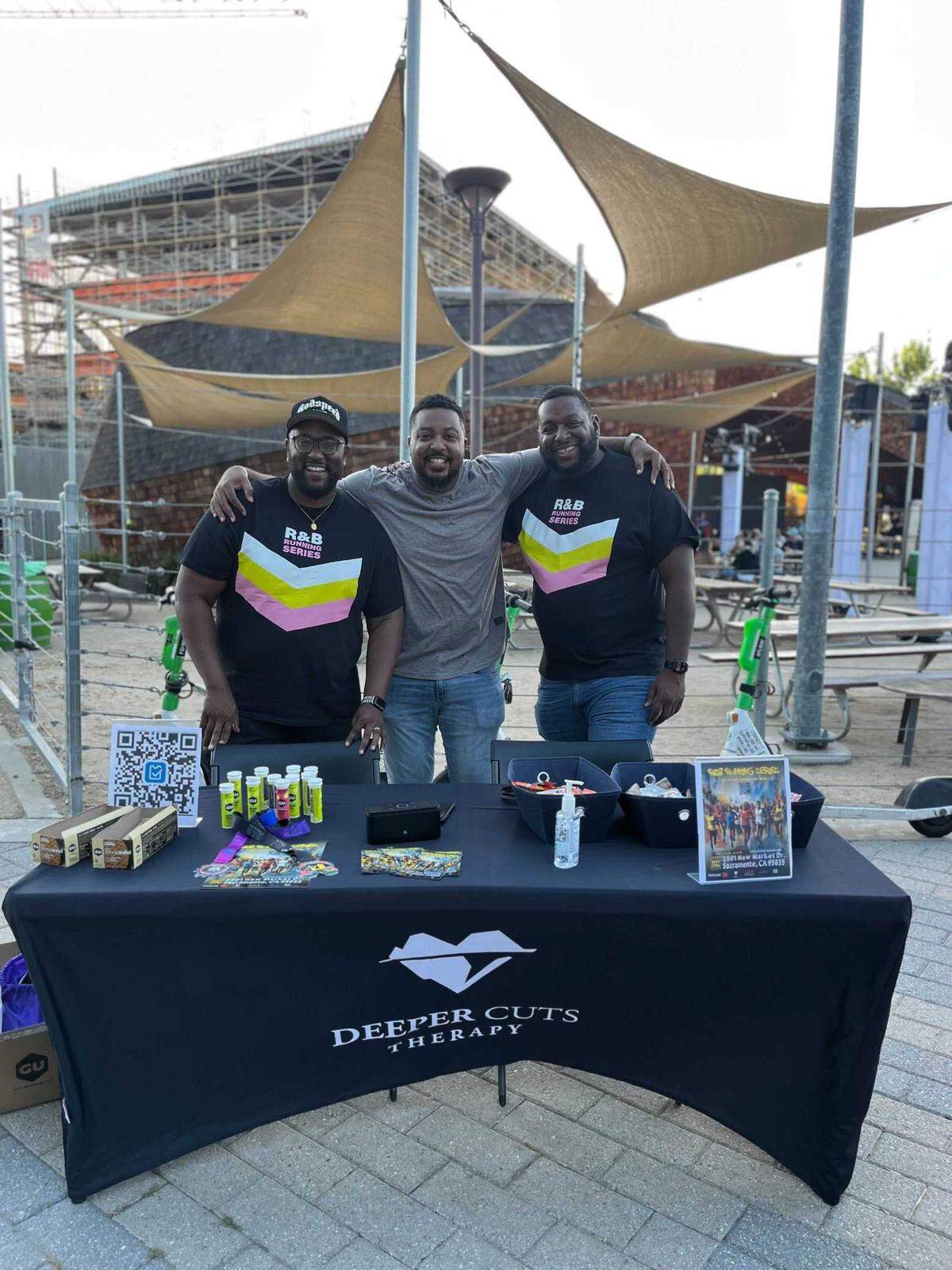 Troy Williams, left, co-founder of Deeper Cuts Therapy is prepared to host the first R&B Running Series in Sacramento with his co-founder Aron King. Wellington Smith, center, partnered with Deeper Cuts Therapy for the event.