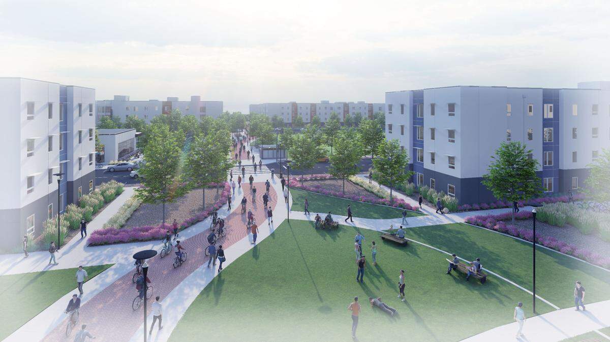 A rendering shows the courtyard at The Green at West Village, a new UC Davis housing complex. The complex features nine residential buildings and one 10,000-square-foot community building.