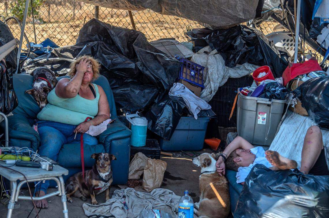 Patricia Houlden, 43, rests inside her tent with her three dogs, as a neighbor sleeps on her couch Wednesday, June 16, 2021, at a homeless encampment in south Sacramento. ‘Without them, sometimes I might not make it,” she said about the volunteers bringing her supplies. At right are two brown bags filled with sunscreen, bug repellent, wipes, bandaids, hand sanitizer, water, fruit, popcorn and other snacks distributed by volunteer Jessica Clinkenbeard.
