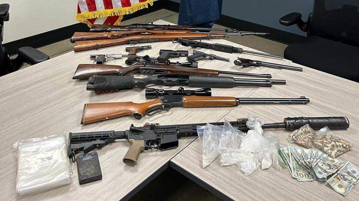 Folsom police detectives on Wednesday found drugs, cash, guns and explosives in a home in the 9100 block of Golden Gate Avenue in Orangevale. A 53-year-old Orangevale man was arrested.
